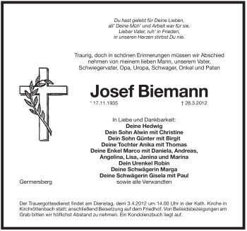 Traueranzeige von Josef Biemann von Pegnitz-Zeitung